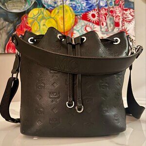 Authentic MCM Essential Monogram Leather Drawstring Bucket Bag + COA